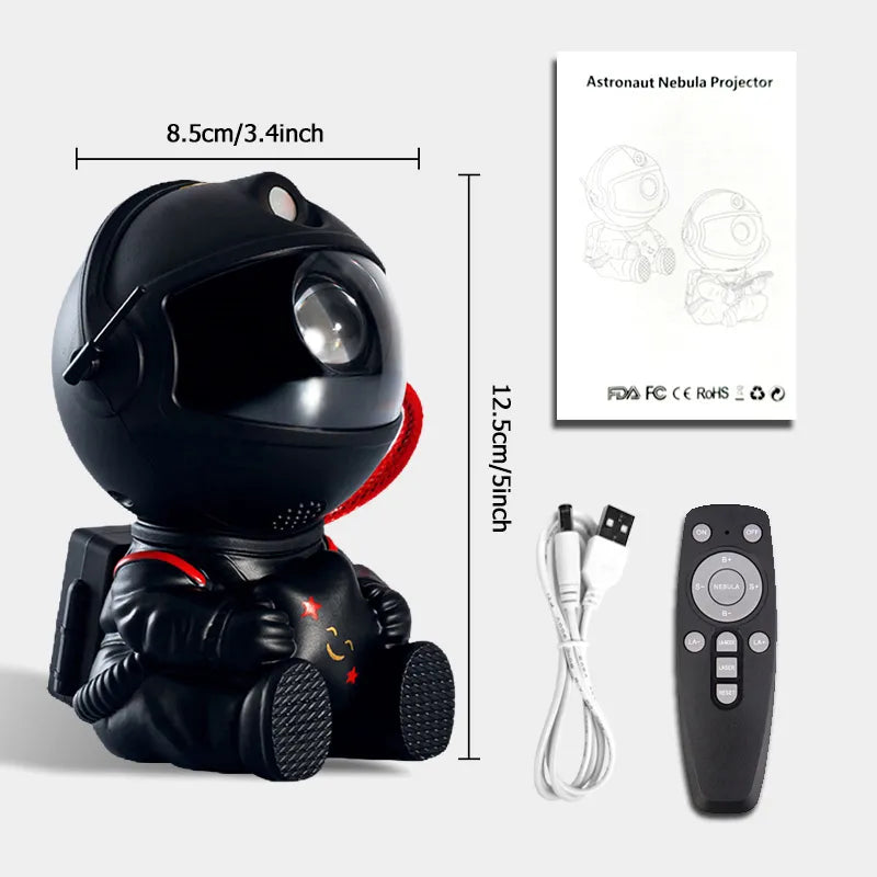 Black astronaut wall and ceiling projector night light baby kids toy sitting down with smiley face and stars with dimensions shown