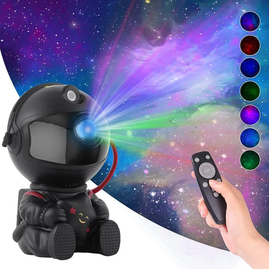 Black astronaut wall and ceiling projector night light baby kids toy sitting down holding smiling star