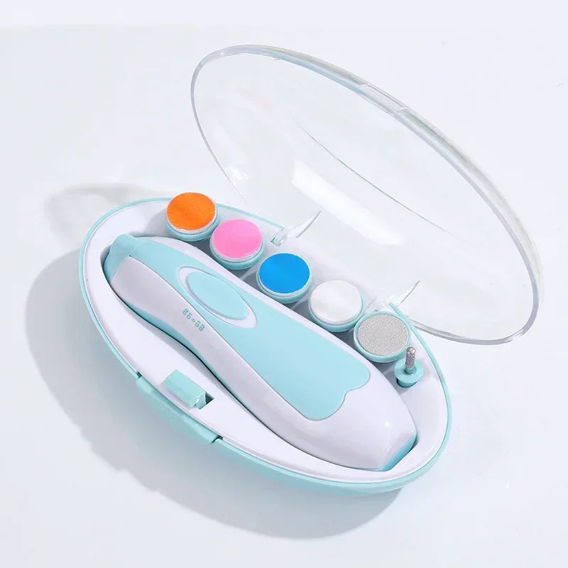 Blue teal Electric baby trimmer safe shown in case with different trimmer pad options white background