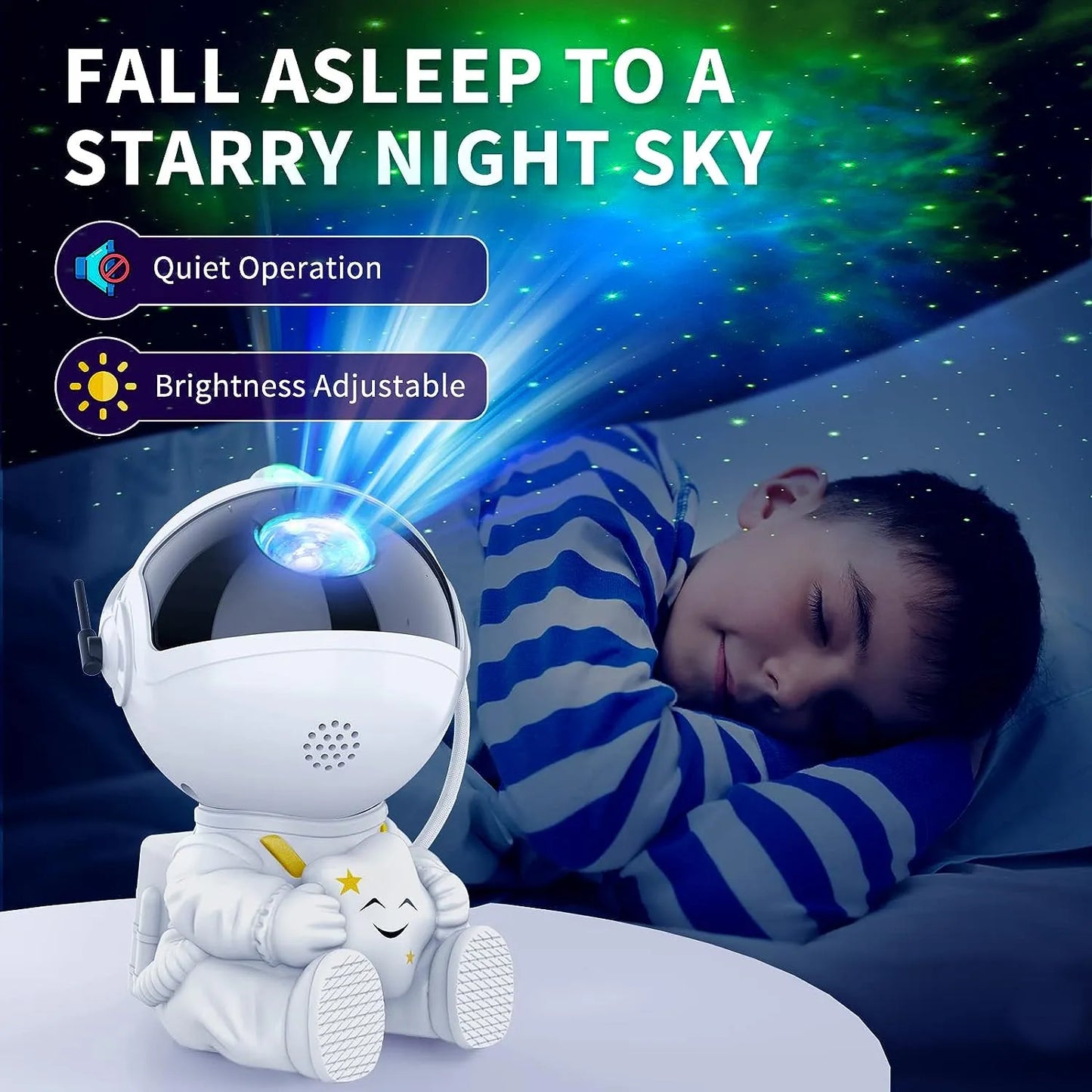 Child kid falling asleep to the quiet operation and adjustable brightness White astronaut wall and ceiling projector night light baby kids toy sitting down holding smiling star