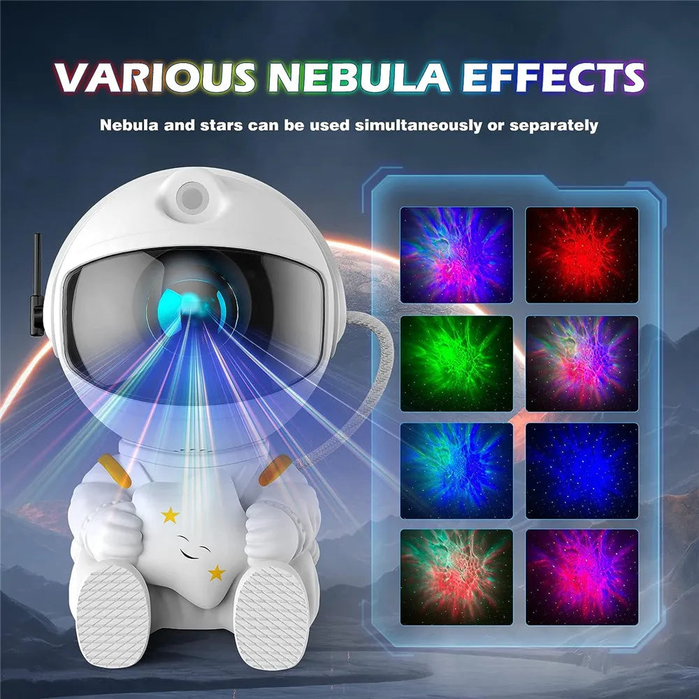 Different Nebula and star light settings on the astronaut wall and ceiling projector night light baby kids toy sitting down holding smiling star