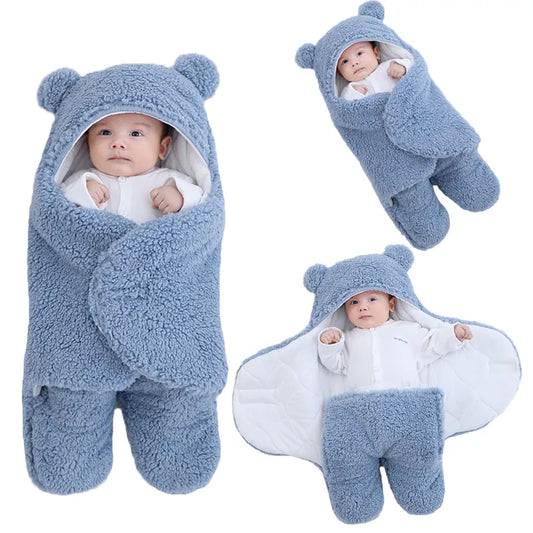 Multiple angles Cute and cuddly blue baby bear blanket with baby wrapped up cozy showing little arms and hands versatile for baby's temperature comfort
