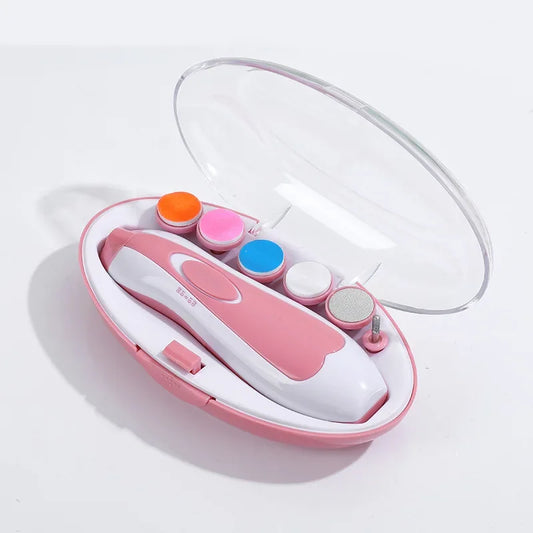 Pink Electric baby trimmer safe showing product with different trimmer pad options