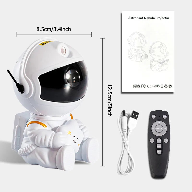 White astronaut wall and ceiling projector night light baby kids toy sitting down holding smiling star with dimensions shown