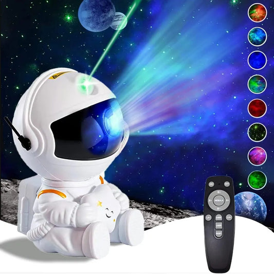 White astronaut wall and ceiling projector night light baby kids toy sitting down holding smiling star with remote control
