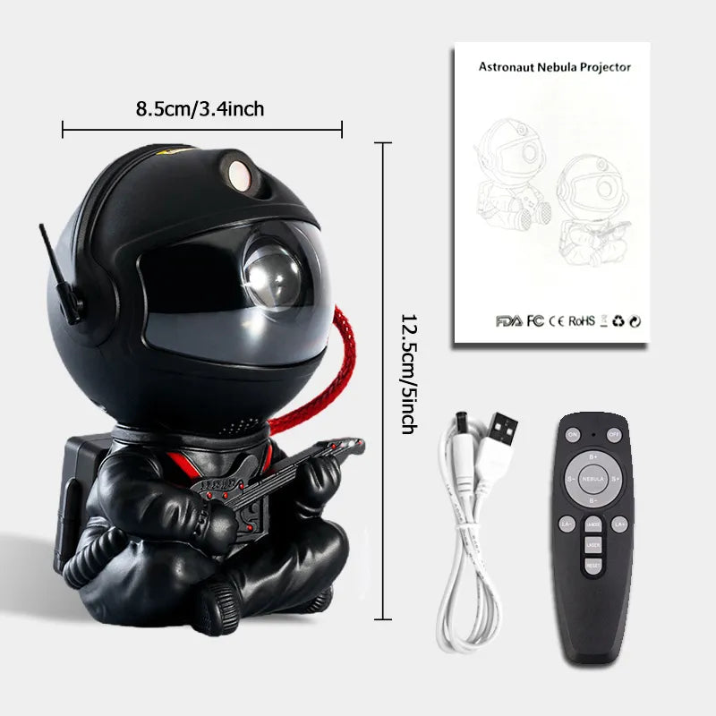 Black astronaut projector night light baby kids toy playing guitar with dimensions shown