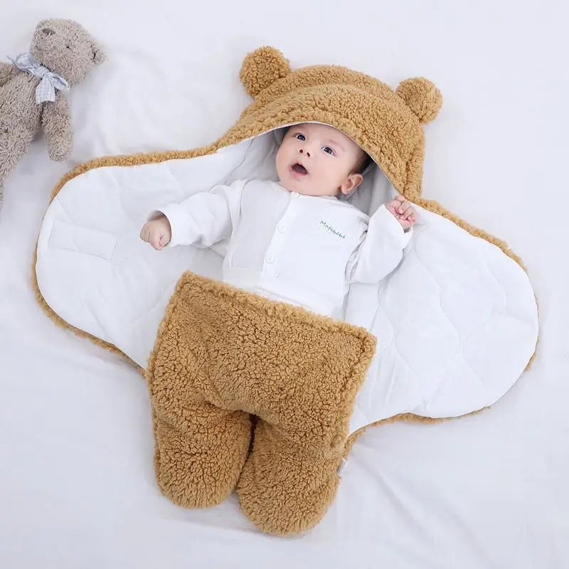 Cute and cuddly khaki brown baby bear blanket with baby wrapped up cozy with arms outstretched yawning versatile for baby's temperature comfort 
