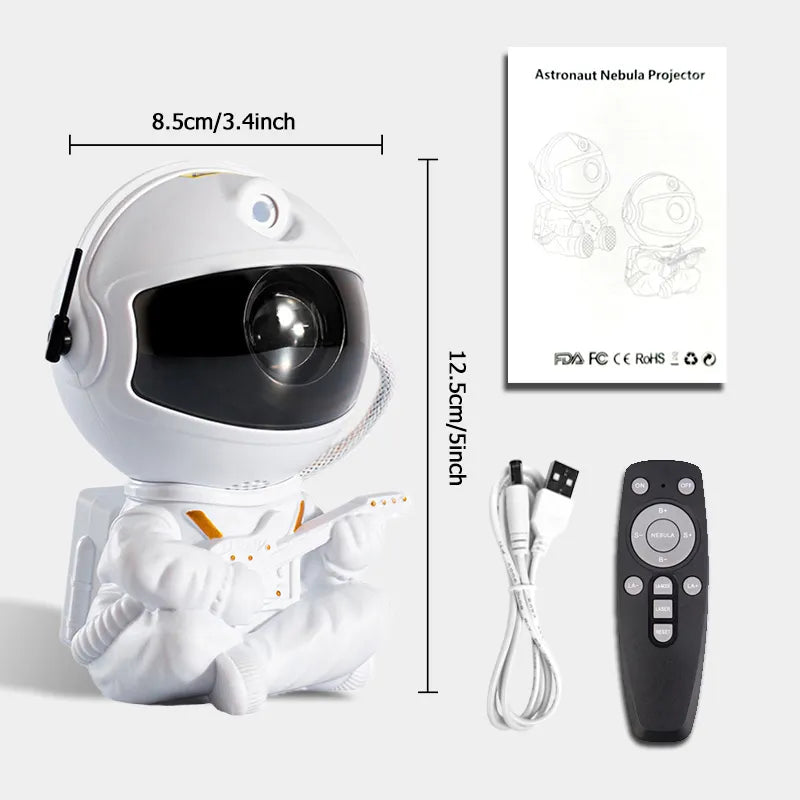 White astronaut wall and ceiling projector night light baby kids toy sitting down playing the guitar with dimensions shown