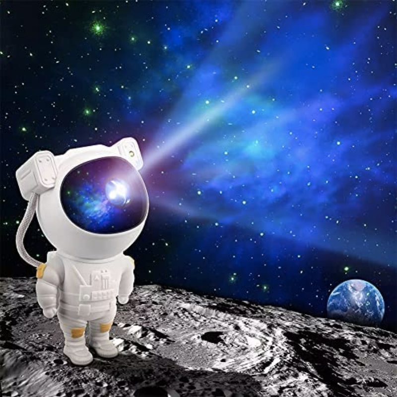 White astronaut wall and ceiling projector night light on the moon looking at earth with stars and galaxy baby kids toy 