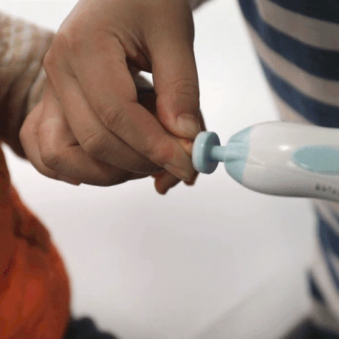 Electric baby trimmer GIF being used on child's fingernails